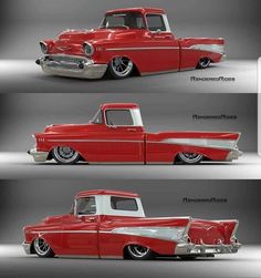 three different views of an old red and silver truck with chrome rims on it