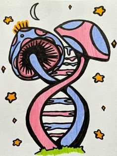 a drawing of a pink and blue structure with stars in the sky behind it, on white paper