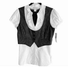 This Pin Stripe Vest Is Attached To A White Ruffled Top. The Top Has A V Ruffled Neckline. Puff Sleeves With Elastic Hem. Attached Vest Has 3 Front Buttons. 2 Tiny Spots As Shown. 18.5” Armpit To Armpit, Measurements Are Approximate. Pin Stripe Vest, Basic Wardrobe Pieces, Stripe Vest, White Ruffle Top, Pink Lace Tops, Tie Waist Top, Striped Vests, Multi Color Blouse, Body Suit With Shorts