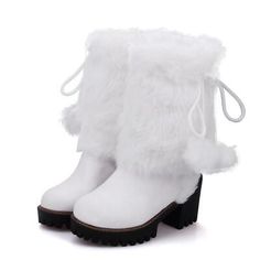 Top Rated Lady Womens Warm Mid Calf Boots furry trim Snow Boot Chunky Heel Shoes Plus Size, Fashion winter shoes Block Shoes, Dr Shoes, Boot Pulls, Chunky Heel Shoes, Womens Mid Calf Boots, Pull On Boots, White Boots, Fur Boots, Pretty Shoes