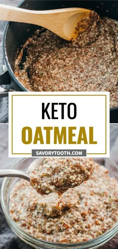 keto oatmeal in a bowl with spoon and title text overlay