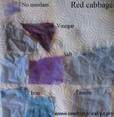 several different types of fabric that are on a bed sheet with the words red cabbage written below it