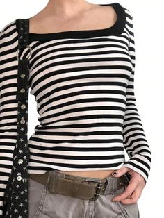 Women Striped Print Casual Long Sleeve T-Shirt Black and White Casual  Long Sleeve Polyester Colorblock,Striped  Medium Stretch  Women Clothing, size features are:Bust: ,Length: ,Sleeve Length: Back To The 2000s, Preppy Mode, Cute Grunge, Spring Tees, Street Y2k, Vintage Preppy, Vintage Crop Tops, Striped Long Sleeve Tee, Bodycon Floral Dress