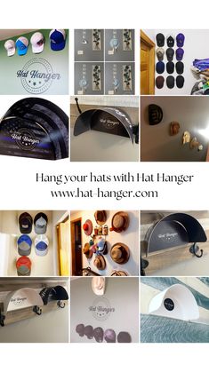 a collage of photos showing different types of hats with text that reads hang your hats with flat hanger