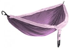 a purple and pink hammock hanging from a black hook on a white background