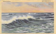 an ocean scene with waves crashing in the foreground and a sunset in the background