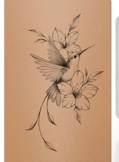 a drawing of a hummingbird with flowers on it's back and an image of a flower in the background