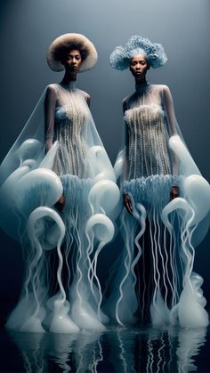 two women in white dresses and hats standing next to each other with long veils on their heads