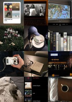 a collage of photos with books, pictures, and other things on them including a laptop