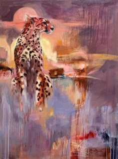 a painting of a cheetah standing in the middle of a desert area with an orange sky behind it