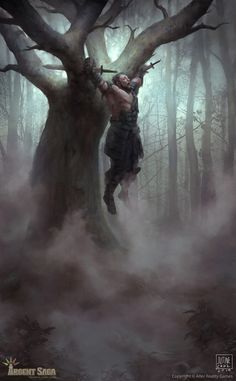 a man in the middle of a forest holding onto a large tree with his arms