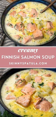 salmon and potato soup in a black bowl