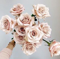 a bouquet of pink roses is being held up by someone's hand with their fingers