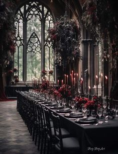 a long table with candles and flowers on it in front of a large arched window