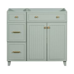 a bathroom vanity with two drawers and one door on the side, in light blue