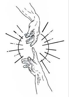 two hands reaching for each other with rays coming out from behind the hand, in black and white