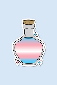 a pink and blue bottle sticker on a light blue background, with stars around it