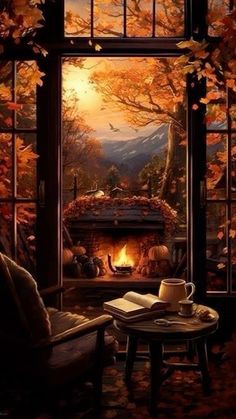 an open window with a fireplace in the middle and autumn leaves on the ground around it