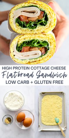 two sandwiches with bacon, lettuce and cheese on them are shown in this collage