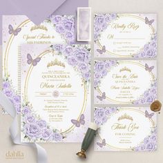 wedding stationery with purple flowers and butterflies