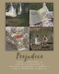 a collage of pictures with tea and books