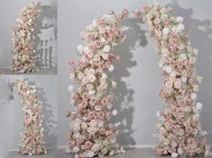 several images of flowers arranged in the shape of an arch with white and pink flowers