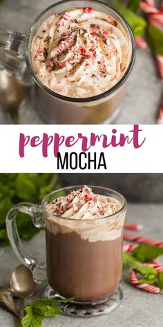 peppermint mocha in a glass mug with whipped cream on top