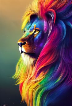 a colorful lion with long manes and bright colors on it's face, in front of a dark background