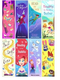 the disney princess bookmarks are lined up in different colors and designs, with text reading is