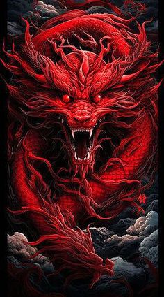 a red dragon with its mouth open in front of dark clouds and water, on a black background