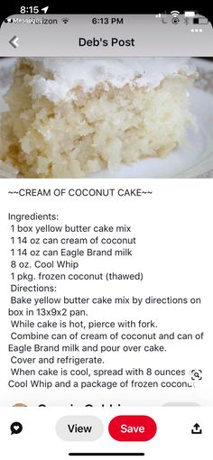 a cell phone showing the recipe for a cake with coconut cream on top and other ingredients