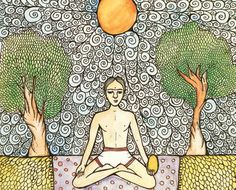 a drawing of a man meditating in front of trees