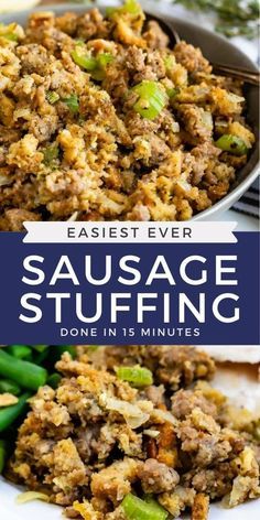 sausage stuffing in a pan with green beans