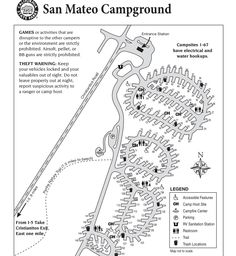 a map showing the location of san mateo campground and its surrounding area, as well as directions to where it is located