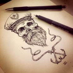 a drawing of a pirate with a beard and anchor