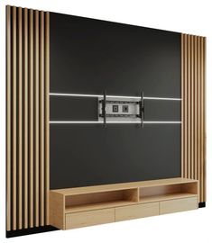 an entertainment center with a television mounted on the wall