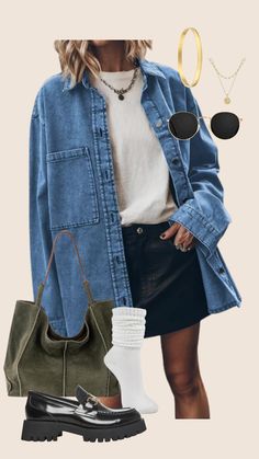 Fall trend 2024 - Denim shirt outfit, loafers, edgy outfit ideas Looks For Spring Outfit Ideas, Cute Edgy Fall Outfits, Cute Fall 2024 Outfits, Spring Trend Outfits 2024, Autumn 24 Fashion Trends, Dark Demin Outfits, Oversized Denim Shirt Outfit Winter, Spring Fashion 2025 Trends, Denim Shirt Outfit 2024