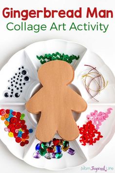 the gingerbread man collage art activity is displayed on a white plate with buttons