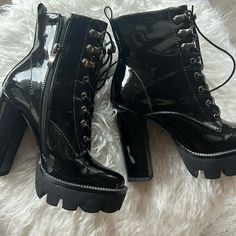 Perfect Condition, Never Worn Platform Boots. Heels Height: 4.72in/12cm; Platform Height: 1.18in/3cm. Patent Leather High Heel Lace-up Boots For Party, Black Chunky Platform High Heels, Punk Style High Heel Synthetic Boots, Edgy Synthetic Heeled Boots With Reinforced Heel, Trendy Black High Heel Platform Boots, Black Boots With 4-inch Block Heel, Edgy High Ankle Synthetic Heeled Boots, Black High Heel Punk Combat Boots, Punk Style Black High Heel Combat Boots