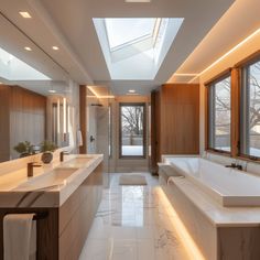 A modern bathroom with a layered lighting scheme, including natural light from skylights, task lighting around the vanity, and ambient lighting with dimmers, modern bathroom2 Modern Bathroom Ideas, Design Techniques, Open Arms, Sophisticated Style, Modern Bathroom, Bathroom Ideas, Daily Life, Oasis, Relaxation