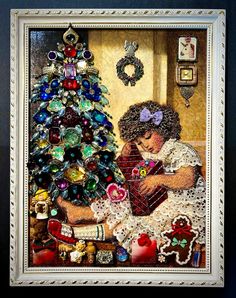 a painting of a girl decorating a christmas tree