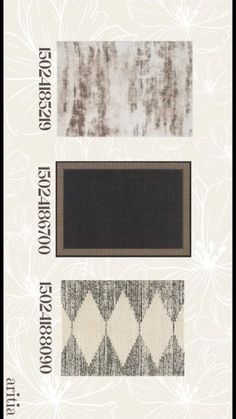 four different types of rugs with white flowers on the bottom and one black area