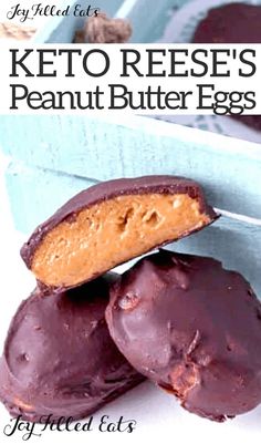 keto reese's peanut butter eggs in a blue box with the title above it