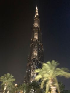 the burj building is lit up at night with palm trees in foreground