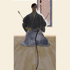 a painting of a person sitting on the floor with an arrow in their hand,