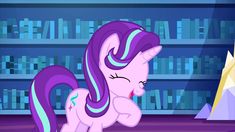 the pinkie pony is standing in front of a bookshelf