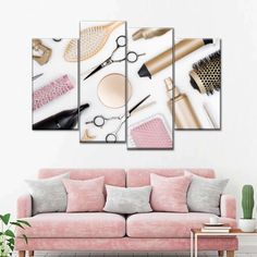 a pink couch sitting in front of a white wall with makeup and brushes on it