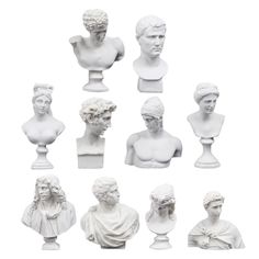 white marble busturines with different styles and designs on each bust, including men's heads