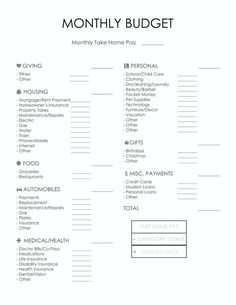 a printable budget sheet with the words, money and household items in black on white