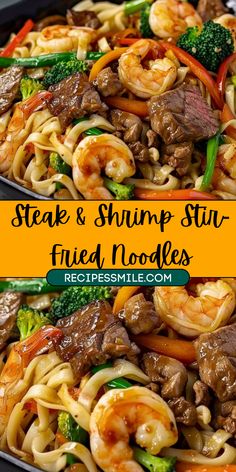 steak and shrimp stir - fry with fried noodles